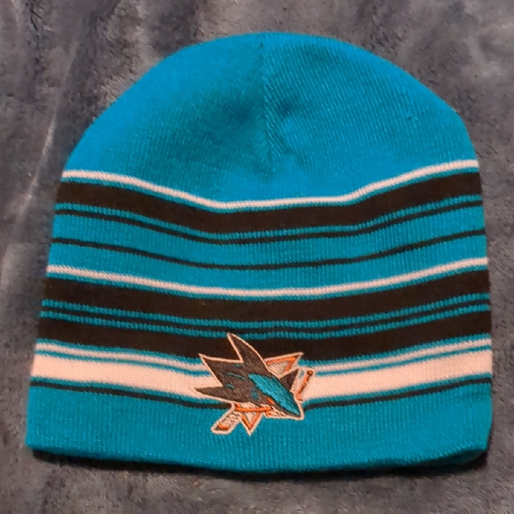 Teal and Black Striped Beanie with SJ sharks NHL Logo